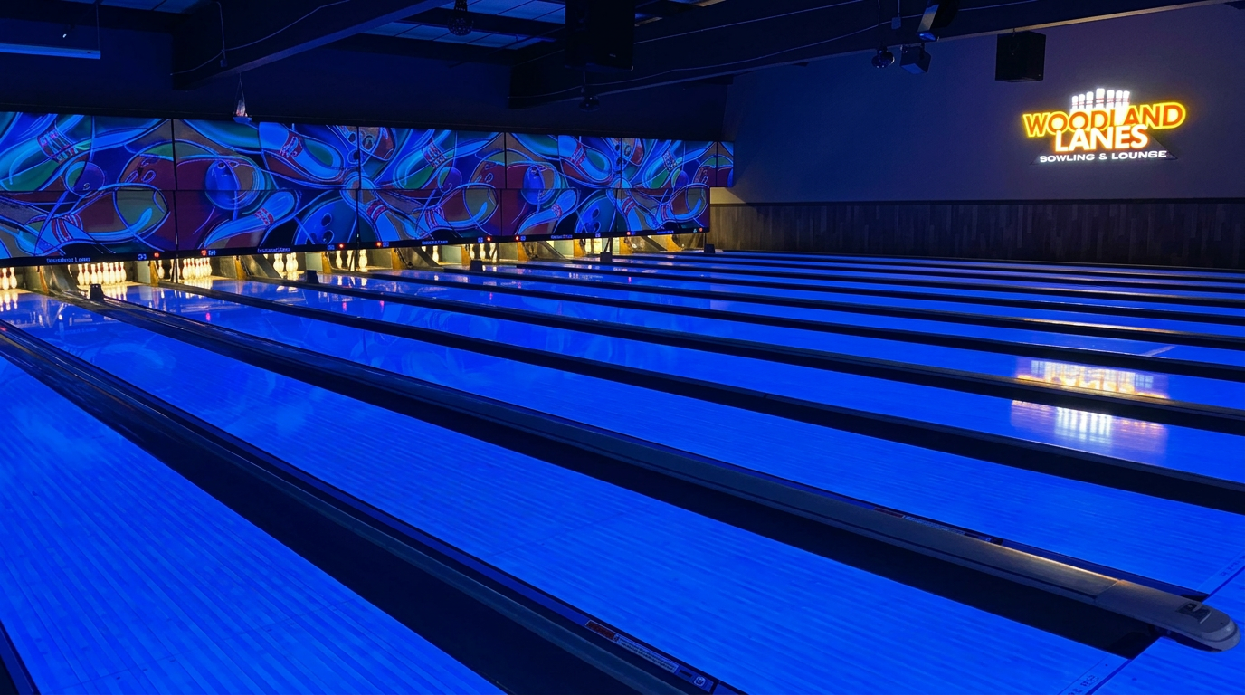 Woodland Lanes under black lights during Glow-N-Bowl, lanes glowing blue